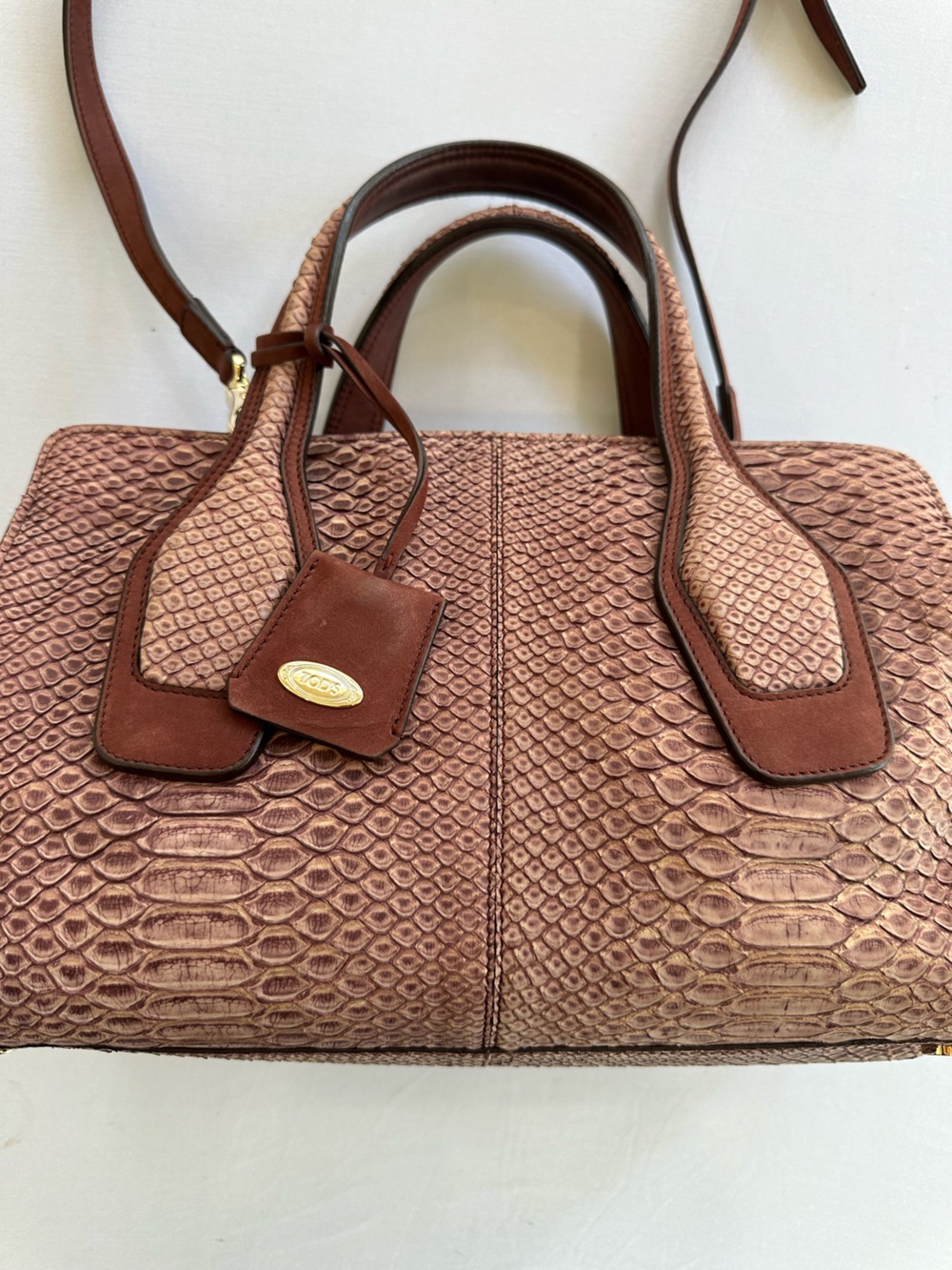 Tod's Mauve Brown Genuine Python and Suede Medium Size Tote